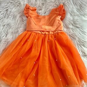 Girls Orange Tulle Dress with Pearl Accents